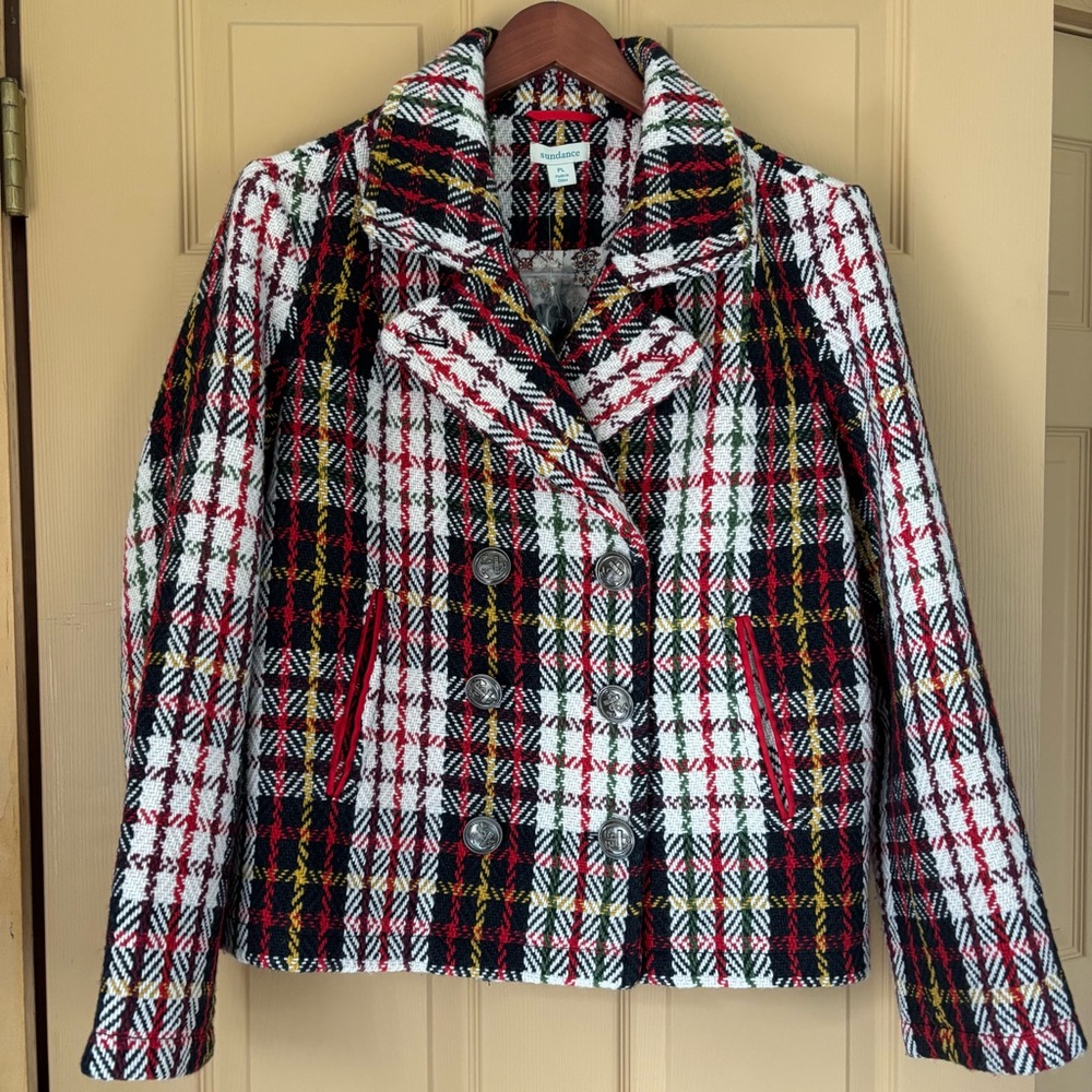 Sundance Alpenhorn Plaid Textured Wool Blend Pea Coat Multi-Color Women's PL